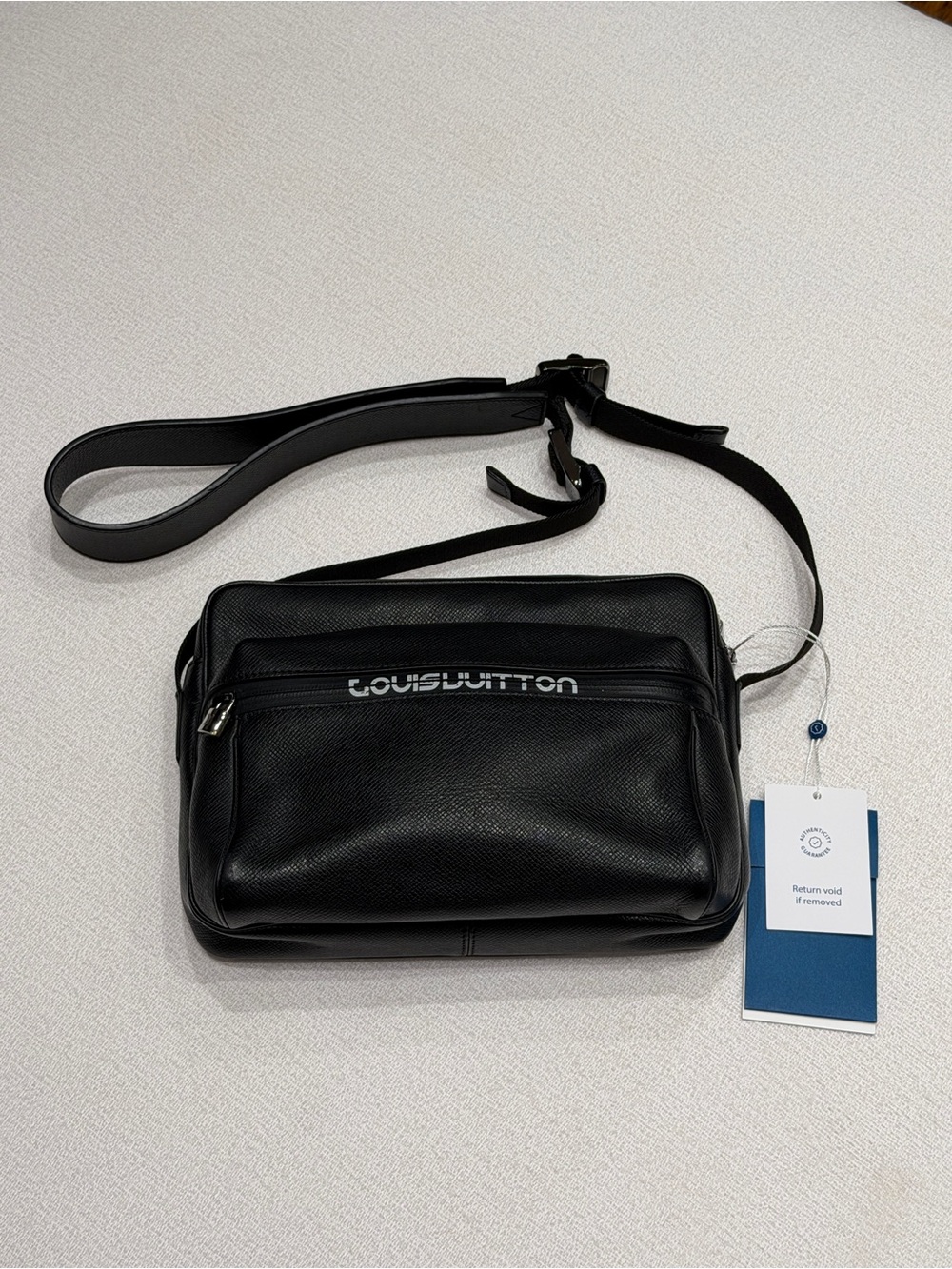 Louis Vuitton Black Text Logo Leather Messenger Bag